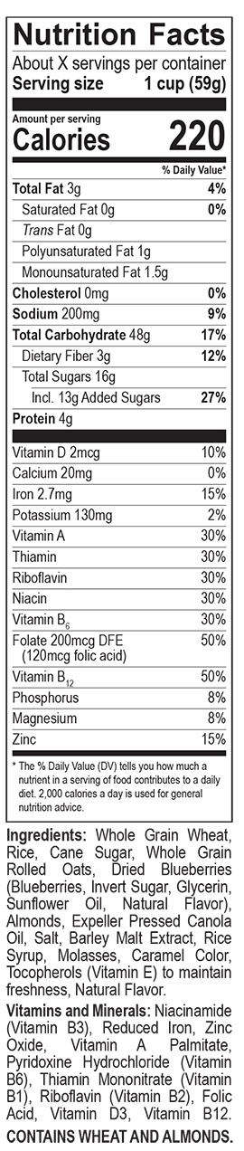 Great Grains Blueberry Nut Crunch cereal nutrition facts label